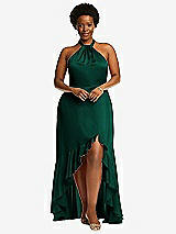 Alt View 4 Thumbnail - Hunter Green Tie-Neck Halter Maxi Dress with Asymmetric Cascade Ruffle Skirt