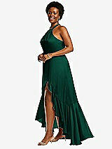 Side View Thumbnail - Hunter Green Tie-Neck Halter Maxi Dress with Asymmetric Cascade Ruffle Skirt