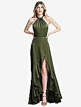 Alt View 1 Thumbnail - Olive Green Tie-Neck Halter Maxi Dress with Asymmetric Cascade Ruffle Skirt