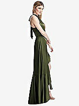 Alt View 2 Thumbnail - Olive Green Tie-Neck Halter Maxi Dress with Asymmetric Cascade Ruffle Skirt