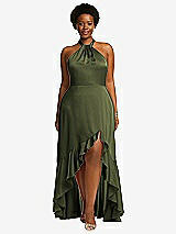 Front View Thumbnail - Olive Green Tie-Neck Halter Maxi Dress with Asymmetric Cascade Ruffle Skirt