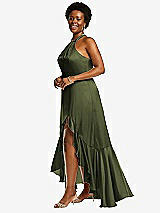 Side View Thumbnail - Olive Green Tie-Neck Halter Maxi Dress with Asymmetric Cascade Ruffle Skirt