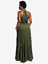 Rear View Thumbnail - Olive Green Tie-Neck Halter Maxi Dress with Asymmetric Cascade Ruffle Skirt