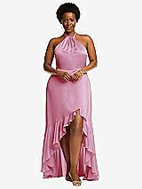 Alt View 4 Thumbnail - Powder Pink Tie-Neck Halter Maxi Dress with Asymmetric Cascade Ruffle Skirt