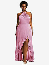 Front View Thumbnail - Powder Pink Tie-Neck Halter Maxi Dress with Asymmetric Cascade Ruffle Skirt
