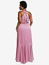 Rear View Thumbnail - Powder Pink Tie-Neck Halter Maxi Dress with Asymmetric Cascade Ruffle Skirt