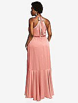 Rear View Thumbnail - Rose - PANTONE Rose Quartz Tie-Neck Halter Maxi Dress with Asymmetric Cascade Ruffle Skirt