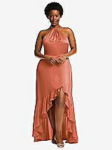 Alt View 4 Thumbnail - Terracotta Copper Tie-Neck Halter Maxi Dress with Asymmetric Cascade Ruffle Skirt