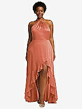 Front View Thumbnail - Terracotta Copper Tie-Neck Halter Maxi Dress with Asymmetric Cascade Ruffle Skirt