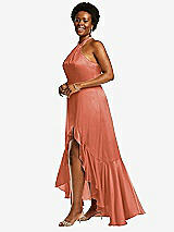 Side View Thumbnail - Terracotta Copper Tie-Neck Halter Maxi Dress with Asymmetric Cascade Ruffle Skirt