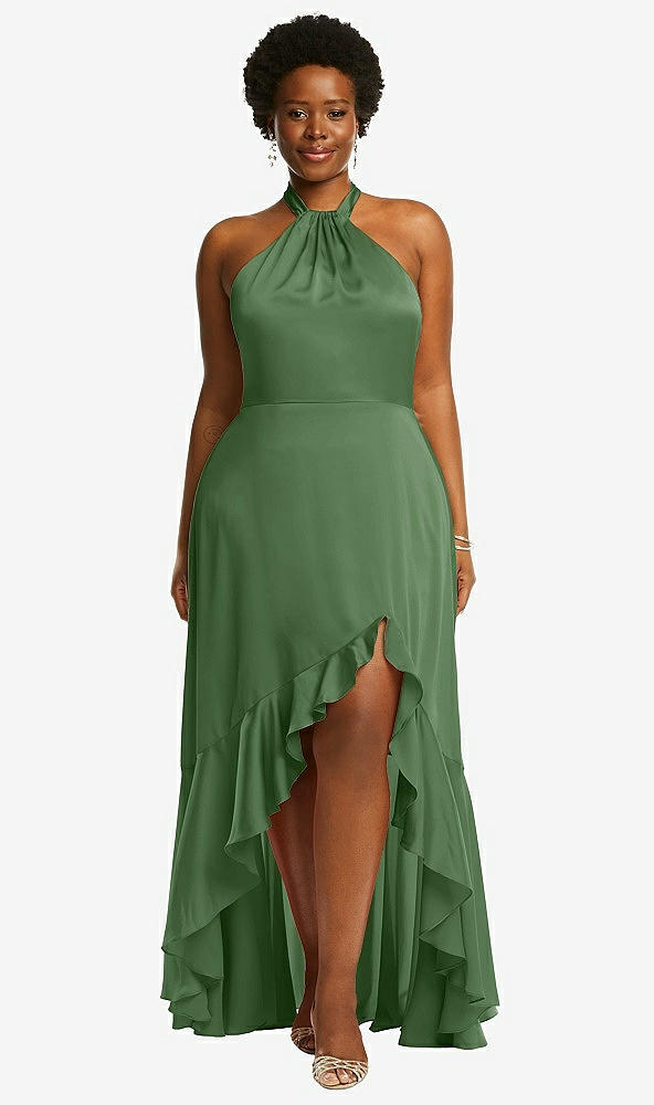 Front View - Vineyard Green Tie-Neck Halter Maxi Dress with Asymmetric Cascade Ruffle Skirt