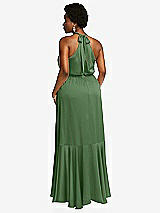 Rear View Thumbnail - Vineyard Green Tie-Neck Halter Maxi Dress with Asymmetric Cascade Ruffle Skirt