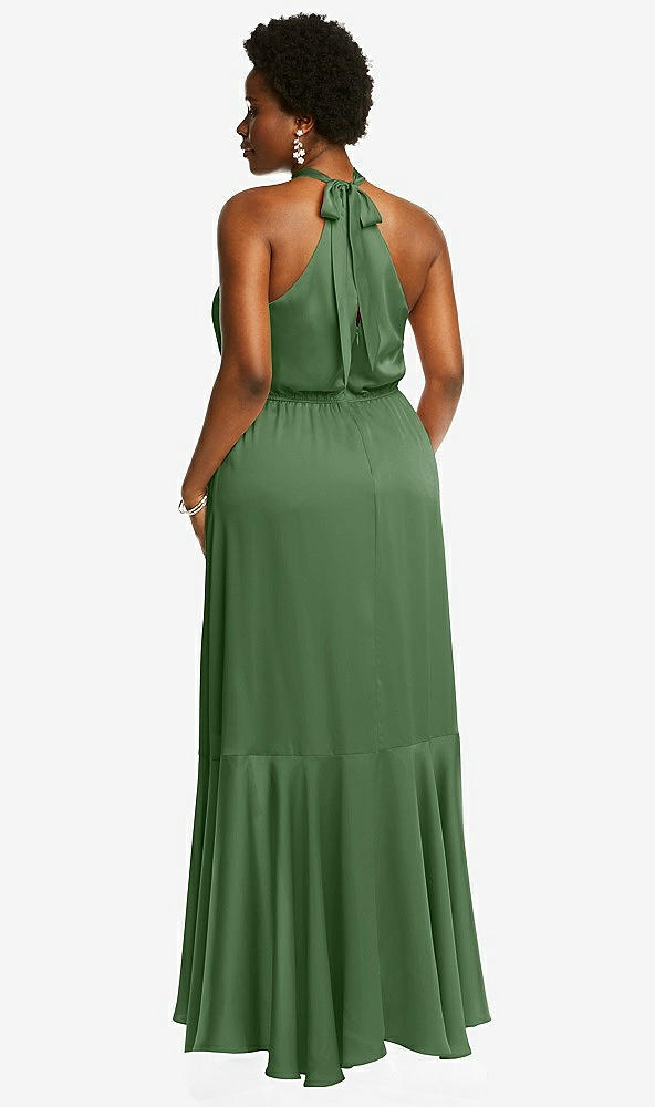 Back View - Vineyard Green Tie-Neck Halter Maxi Dress with Asymmetric Cascade Ruffle Skirt