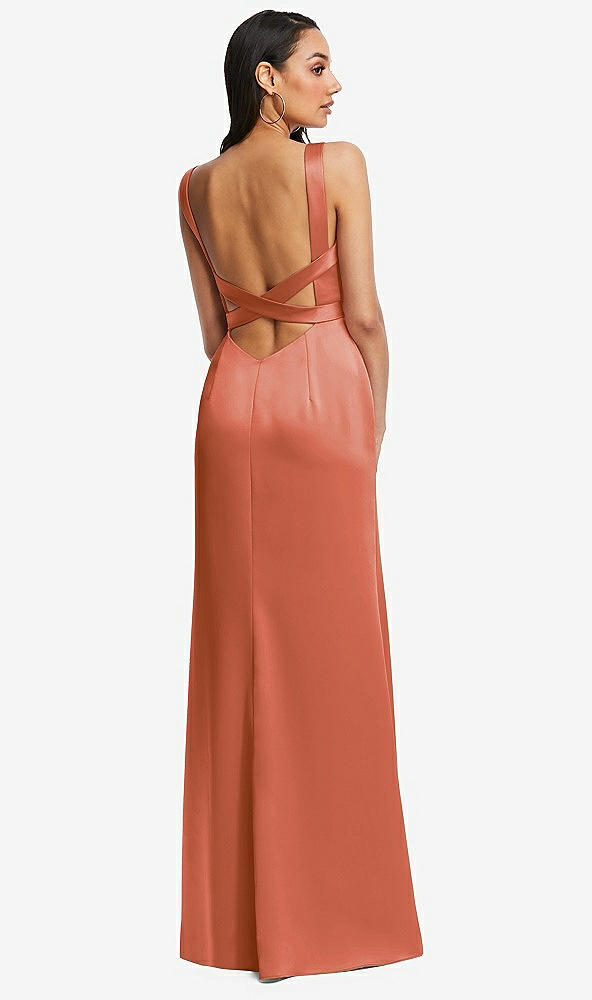 Back View - Terracotta Copper Framed Bodice Criss Criss Open Back A-Line Maxi Dress