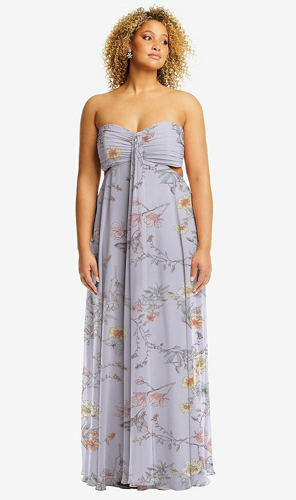 Front View - Butterfly Botanica Silver Dove Strapless Empire Waist Cutout Maxi Dress with Covered Button Detail