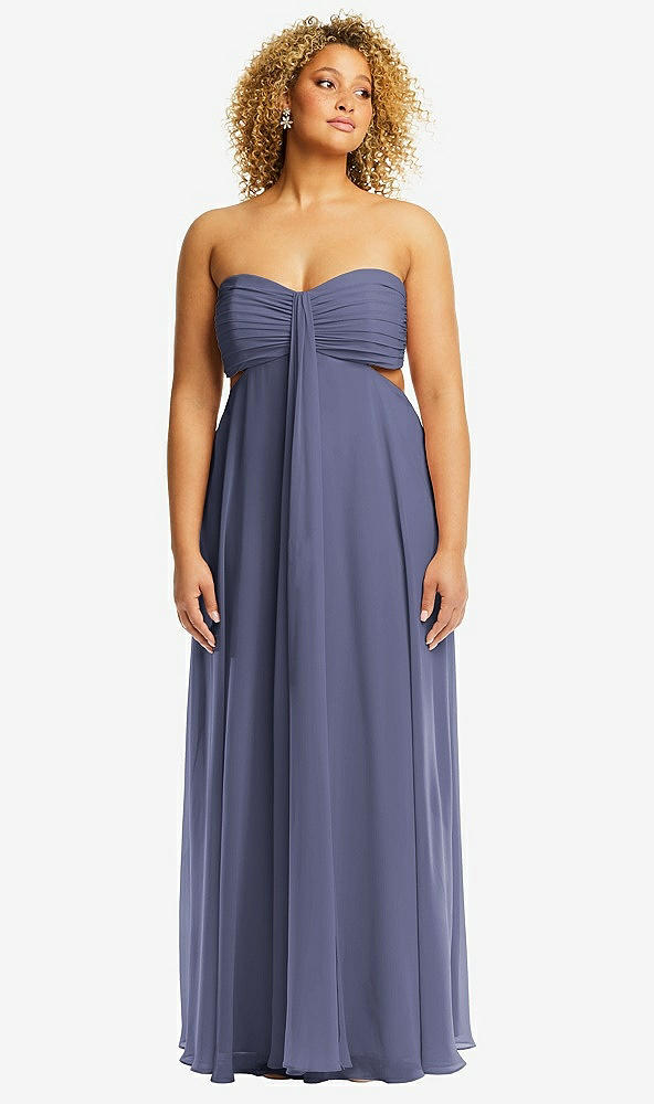 Front View - French Blue Strapless Empire Waist Cutout Maxi Dress with Covered Button Detail