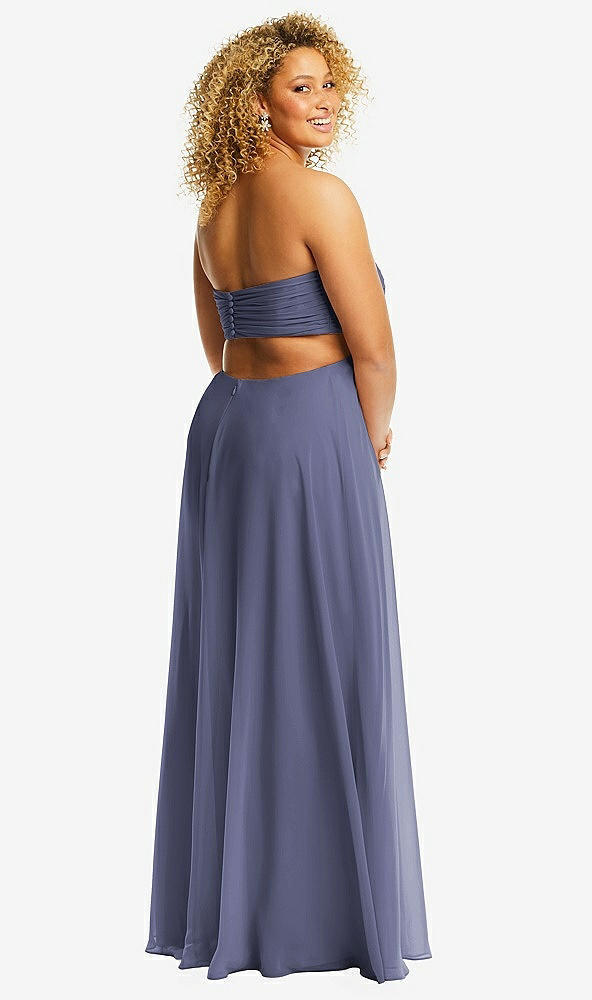 Back View - French Blue Strapless Empire Waist Cutout Maxi Dress with Covered Button Detail