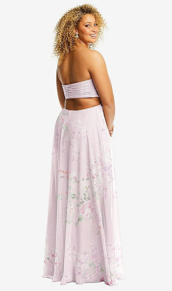 Back View - Watercolor Print Strapless Empire Waist Cutout Maxi Dress with Covered Button Detail