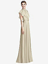 Side View Thumbnail - Champagne Shirred Stand Collar Flutter Sleeve Open-Back Maxi Dress with Sash
