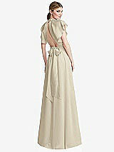 Rear View Thumbnail - Champagne Shirred Stand Collar Flutter Sleeve Open-Back Maxi Dress with Sash