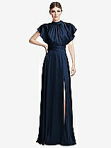 Front View Thumbnail - Midnight Navy Shirred Stand Collar Flutter Sleeve Open-Back Maxi Dress with Sash