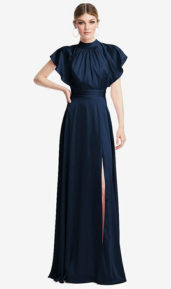 Front View - Midnight Navy Shirred Stand Collar Flutter Sleeve Open-Back Maxi Dress with Sash
