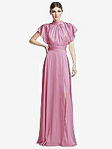 Front View Thumbnail - Powder Pink Shirred Stand Collar Flutter Sleeve Open-Back Maxi Dress with Sash