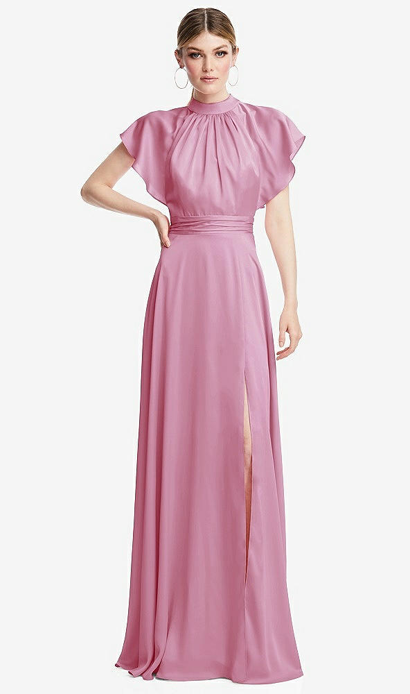Front View - Powder Pink Shirred Stand Collar Flutter Sleeve Open-Back Maxi Dress with Sash