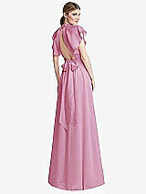 Rear View Thumbnail - Powder Pink Shirred Stand Collar Flutter Sleeve Open-Back Maxi Dress with Sash