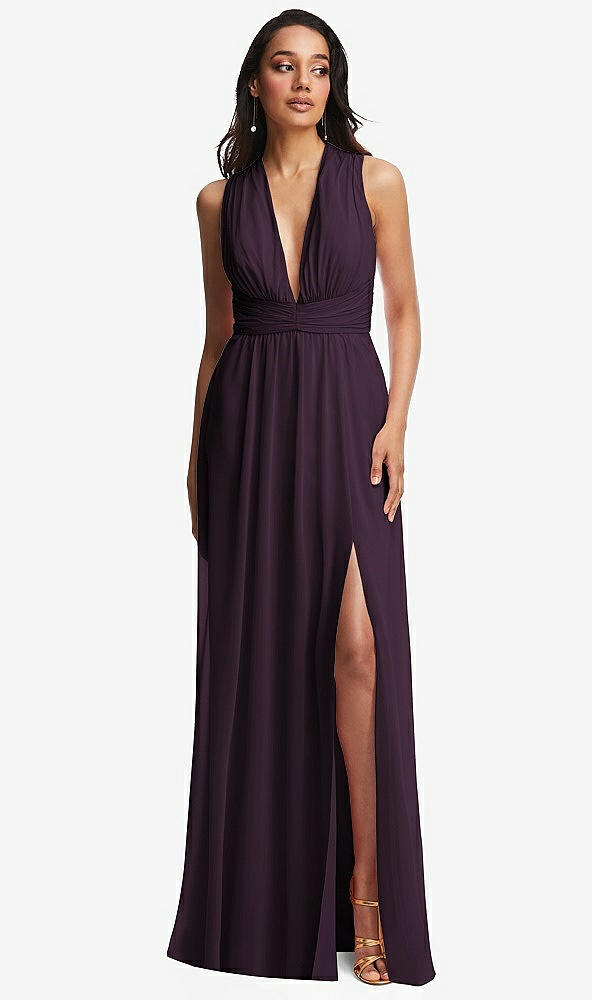 Front View - Aubergine Shirred Deep Plunge Neck Closed Back Chiffon Maxi Dress 