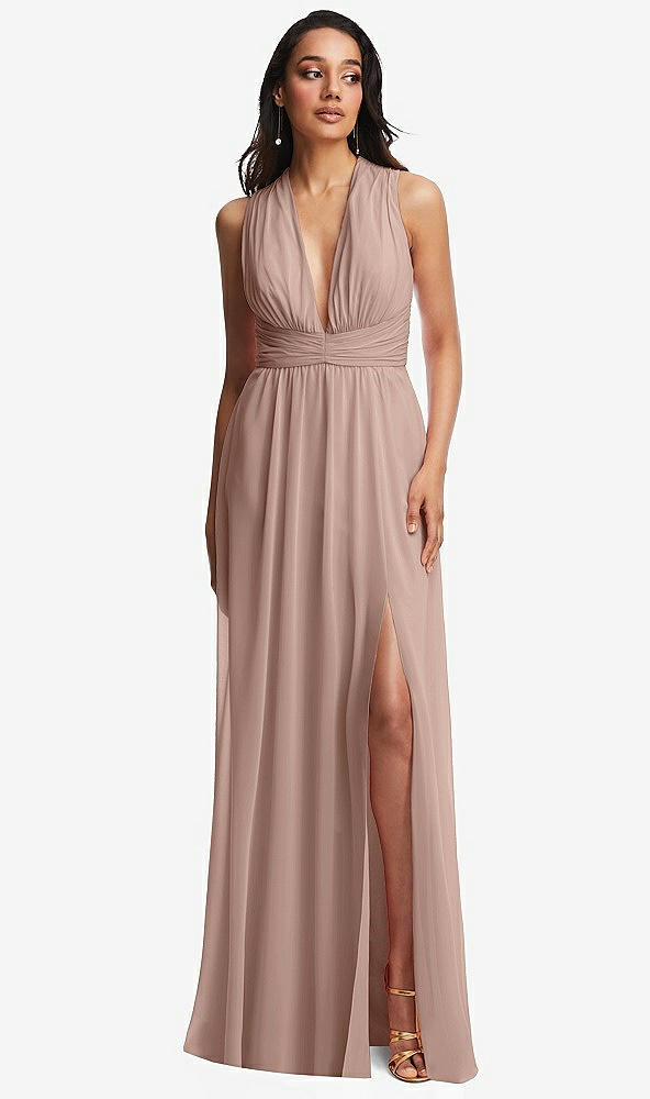 Front View - Bliss Shirred Deep Plunge Neck Closed Back Chiffon Maxi Dress 