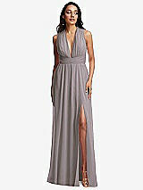 Front View Thumbnail - Cashmere Gray Shirred Deep Plunge Neck Closed Back Chiffon Maxi Dress 