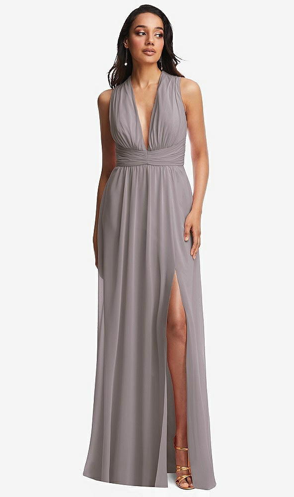 Front View - Cashmere Gray Shirred Deep Plunge Neck Closed Back Chiffon Maxi Dress 