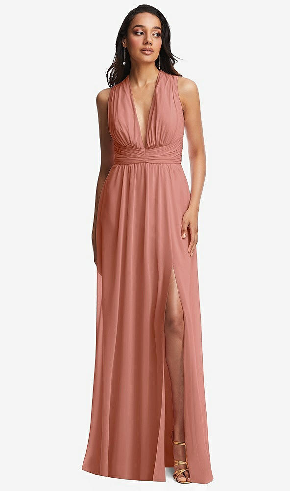 Front View - Desert Rose Shirred Deep Plunge Neck Closed Back Chiffon Maxi Dress 