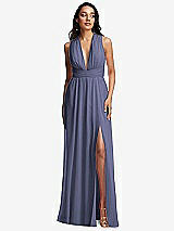 Front View Thumbnail - French Blue Shirred Deep Plunge Neck Closed Back Chiffon Maxi Dress 