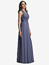 Side View Thumbnail - French Blue Shirred Deep Plunge Neck Closed Back Chiffon Maxi Dress 