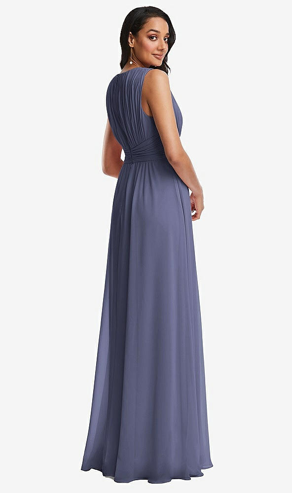 Back View - French Blue Shirred Deep Plunge Neck Closed Back Chiffon Maxi Dress 