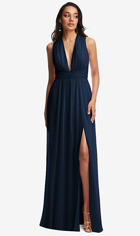 Front View - Midnight Navy Shirred Deep Plunge Neck Closed Back Chiffon Maxi Dress 