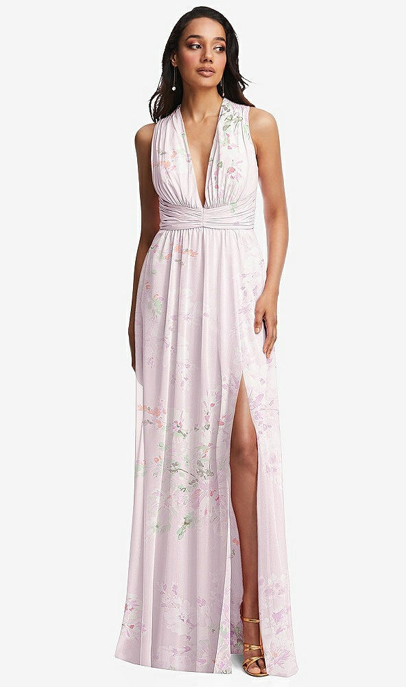 Front View - Watercolor Print Shirred Deep Plunge Neck Closed Back Chiffon Maxi Dress 