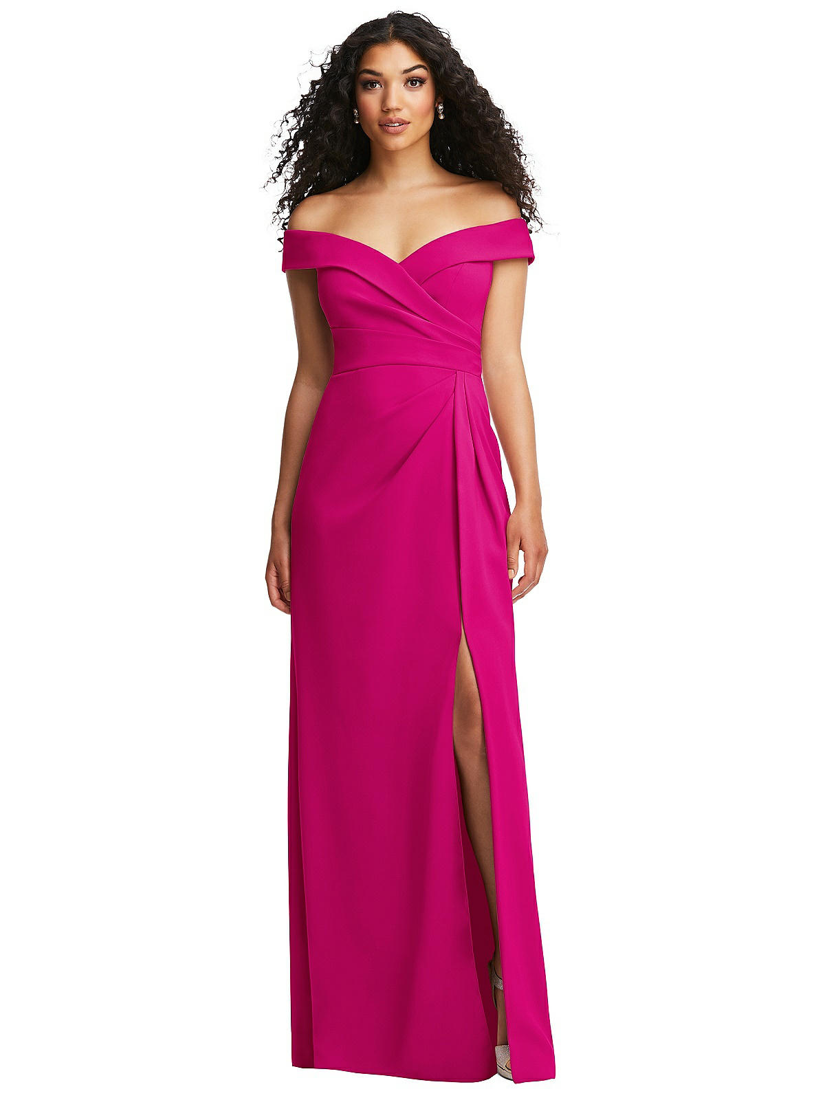 Cuffed Off-the-shoulder Pleated Faux Wrap Maxi Bridesmaid Dress