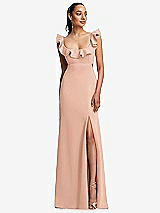 Front View Thumbnail - Pale Peach Ruffle-Trimmed Neckline Cutout Tie-Back Trumpet Gown