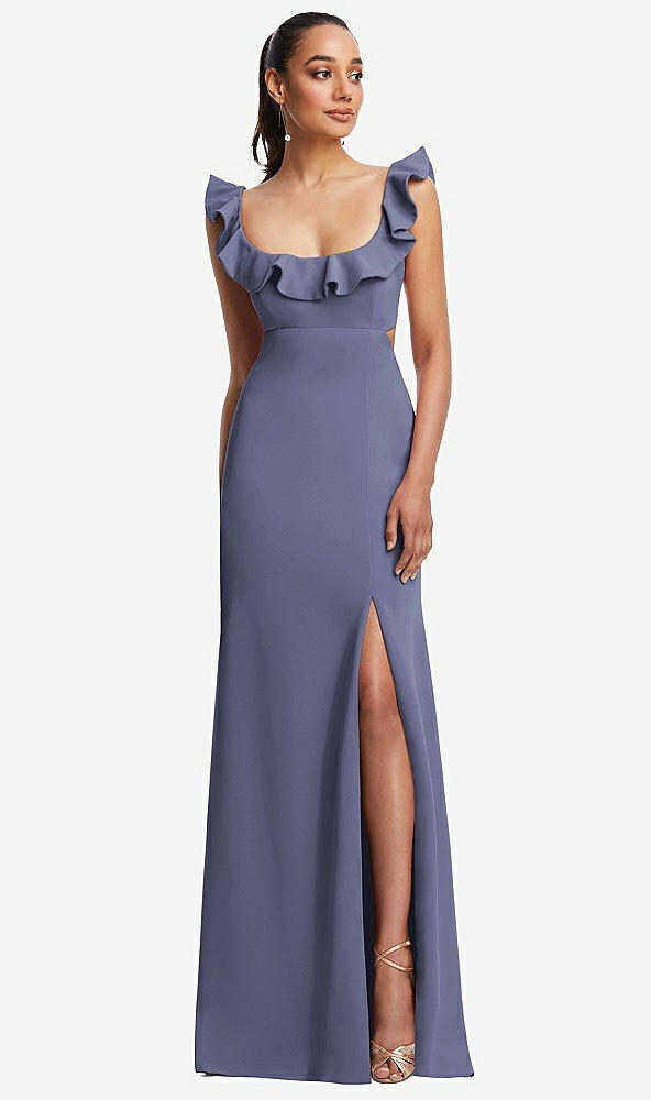 Front View - French Blue Ruffle-Trimmed Neckline Cutout Tie-Back Trumpet Gown