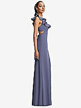 Side View Thumbnail - French Blue Ruffle-Trimmed Neckline Cutout Tie-Back Trumpet Gown