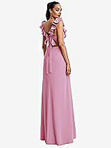 Rear View Thumbnail - Powder Pink Ruffle-Trimmed Neckline Cutout Tie-Back Trumpet Gown