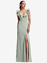 Front View Thumbnail - Willow Green Ruffle-Trimmed Neckline Cutout Tie-Back Trumpet Gown