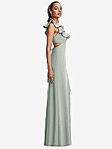 Side View Thumbnail - Willow Green Ruffle-Trimmed Neckline Cutout Tie-Back Trumpet Gown
