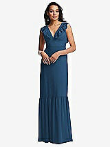 Front View Thumbnail - Dusk Blue Tiered Ruffle Plunge Neck Open-Back Maxi Dress with Deep Ruffle Skirt
