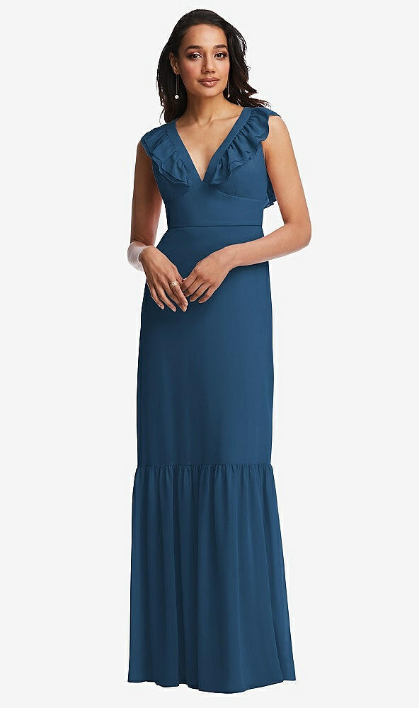 Front View - Dusk Blue Tiered Ruffle Plunge Neck Open-Back Maxi Dress with Deep Ruffle Skirt