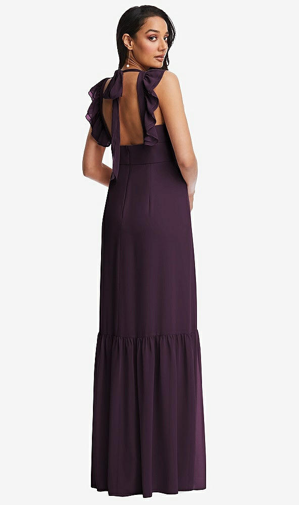 Back View - Aubergine Tiered Ruffle Plunge Neck Open-Back Maxi Dress with Deep Ruffle Skirt