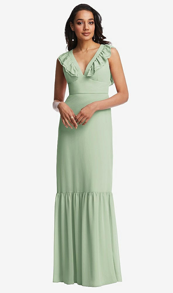 Front View - Celadon Tiered Ruffle Plunge Neck Open-Back Maxi Dress with Deep Ruffle Skirt